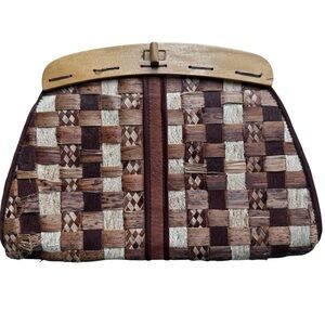 Chic Vintage Boho Woven Clutch with Wooden Accents Retro Evening Handmade